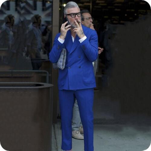 Casual Royal Blue Men Suits Groom Wedding Tuxedo Double Breasted Classic Man Blazer Peaked Lapel 2Piece Coat Pants Costume Homme