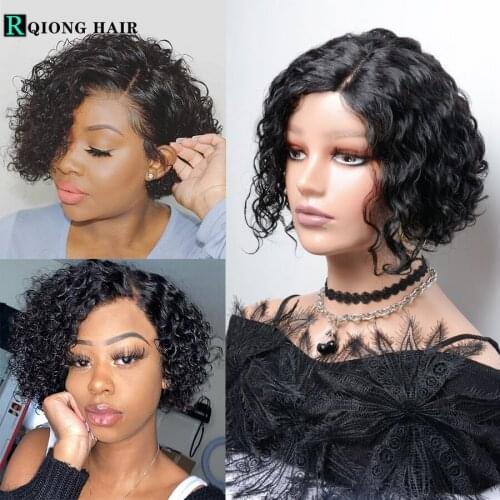 RQIONG HAIR Curly Wigs Human Hair T Part Lace Wig Right Side Shape L Lace Wig For Black Women Water Wave Short Pixie Cut Wigs