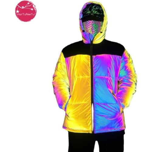 Europe America Winter Patchwork Yellow Colorful Reflective Jacket Cotton Padded Coat Men Cross Border Large Size Hip Hop Street