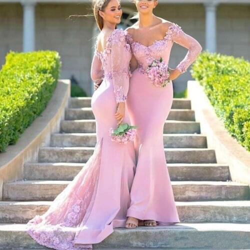 Sweet Pink Mermaid Bridesmaid Dresses Long Sleeves Open Back vestido madrinha Lace Appliques Sweep Train Bridal Dress