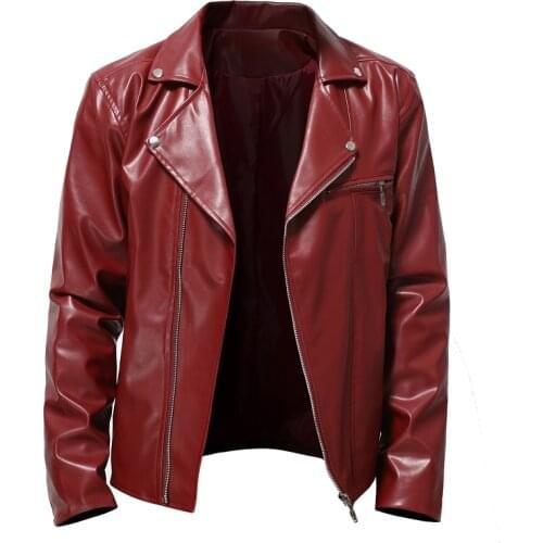 New trend casual lapel diagonal zipper mens leather motorcycle autumn and winter red personality artificial leather coat man