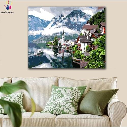 DIY colorings pictures by numbers with colors Riverside Villa Cabin View picture drawing painting by numbers framed Home