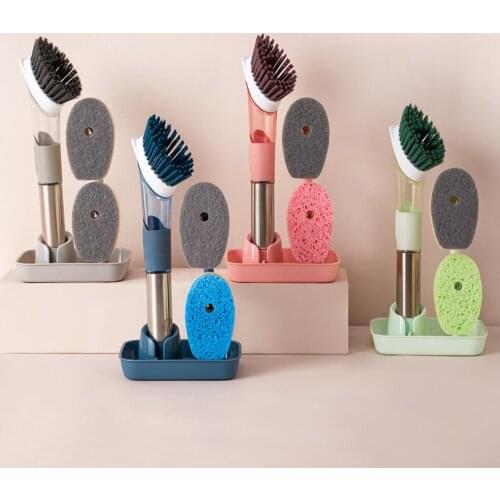 Soap Dispensing Dish Brush Set 2 In 1 Long Handle Cleaing Brush with 4 Removable Brush Head Sponge Base Dispenser Kitchen Tools
