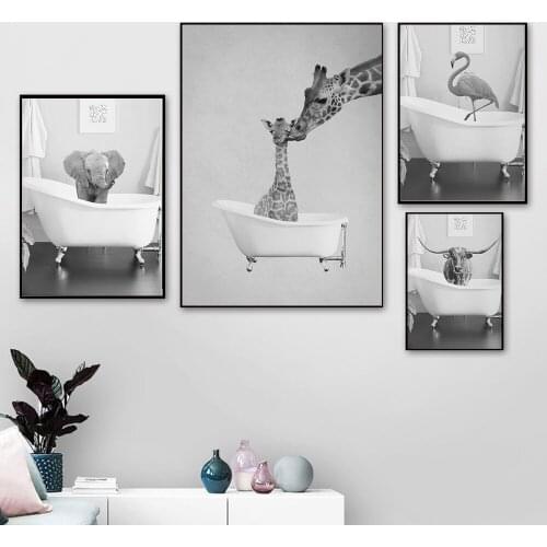 Canvas Print Home Decor Wall Art Painting Elephant Cow Giraffe Baby Animal in Bathtub Modular Picture Nordic Poster For Kid Room
