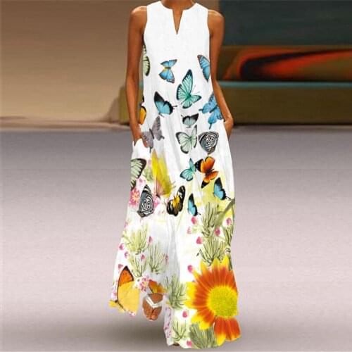 2021 New Print Summer Dress Casual Sexy Dresses Women Butterfly flower Party V-neck Sleeveless Pocket Plus Size Long Dress 5XL