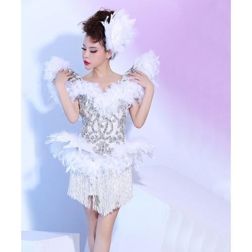 Women New Bar Nightclub Female Singer DJ Dance Team DS Star White Tassel Big Feather Shrug Bright Diamond Sexy Dress Costume