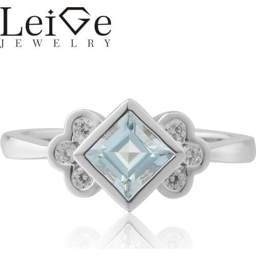 Leige Jewelry Aquamarine Ring Square Cut Engagement Rings For Woman Sterling Sliver 925 Fine Jewelry March Birthstone