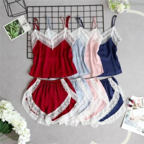 Women Sleep Lounge Lace Trim Silk Cami and Shorts Pajamas Set Ladies Spaghetti Strap Sexy Summer Sleepwear Homewear Nightwear