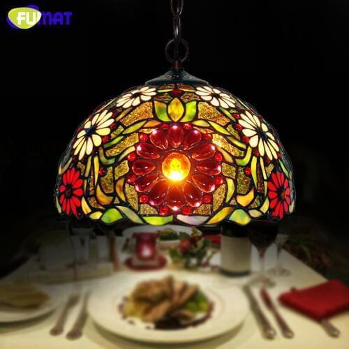 FUMAT Stained Glass Pendant Light Antique Art Glass Pendant Lamp For Living Room Flower Dragonfly Grape Shade Studio Lampshade