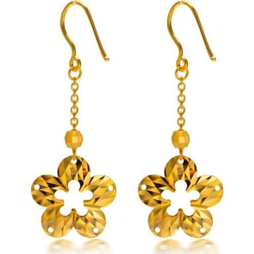 New Solid 999 24K Yellow gold Earrings Flower Dangle Earrings 6.6g