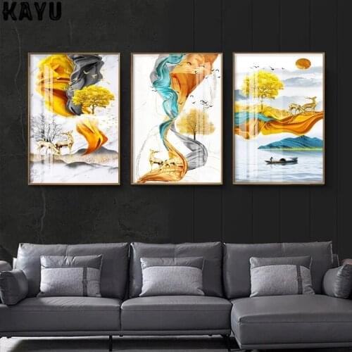 Modern Gold Silk Elk Triptych Living Room Light Luxury Vertical Hanging Bedroom Decorative Painting Frameless Core