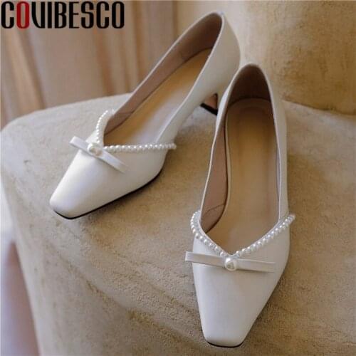 COVIBESCO Sweet Fashion Pearl Decoration Shoes For Women Genuine Leather Butterfly Knot Thick Heels Pumps Party Shoes Woman