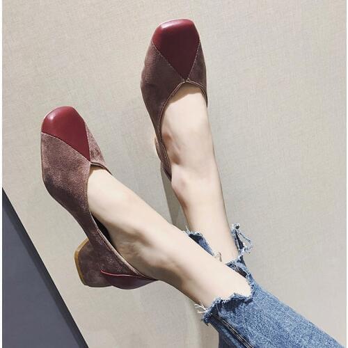 Fashion Sexy V Mouth Pumps Mid Square Heel Square Toe Casual Shoes Spring Autumn Women Office Lady Footwear