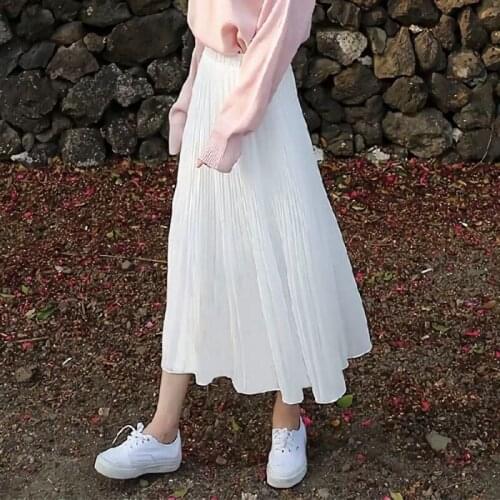 Women Spring Elegant Solid Color Midi Skirts Fashion Ladies Summer Streetwear Girls High Waist Casual Chiffon Skirt DS270