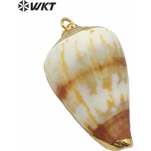 WT-JP146 Natural Trumpet Shell Pendant White Brown Yellow Color Conch Shell With Gold Trim Women Shell Necklace Pendant Jewelry