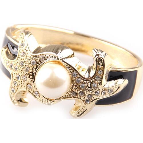 Free shipping new rhinestone gold starfish bangle enamel and big pearl middle women alloy cuff bangle