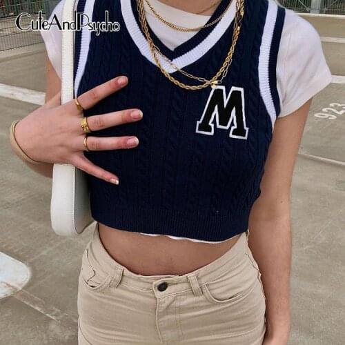 Y2K Letter Printed Ribbed Knitted Crop Tops Women Summer V-neck Sleevless Tank Tops College Style Vintage Skinny Slim Clothes