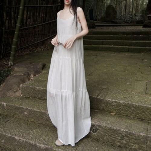 Johnature Summer Simple Comfortable 3 Color Suspender Dresses 2021 New Loose Leisure Solid Colors Ankle-length Women Long Dress