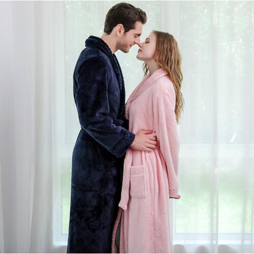Women Men Winter Thick Warm Flannel Kimono Long Robe Bathrobe Lovers Couple Nightgown Bath Lingerie Gown Sleepwear Nightwear