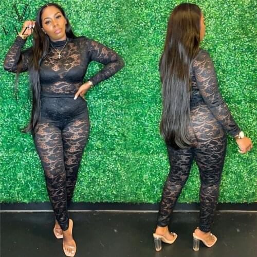 VAZN 2021 Plus Size See Through Lace Solid Young Sexy Club Full Sleeve Women Open Solid High Waist Skinny Pencil Jumpsuits