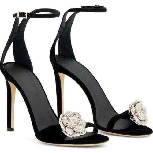 2021 Summer Women Sandal New Rhinestone Flower High Heels Sandals Thin Heel Diamond Black Sexy Open Toe Womens Shoes Pumps