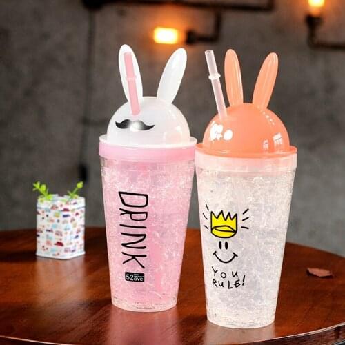 450ML Kawaii Bunny Ear Drinking Straw Bottle Creative Cute Rabbit Ice Cup Kpop Fashion Double Straw Plastic Cartoon Mug For Girl