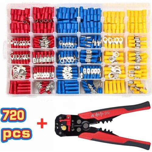 720PCS Insulated Cable Connector Electrical Wire Crimp Spade Butt Ring Fork Ring Lugs Rolled Terminals + Self Adjusting Plier