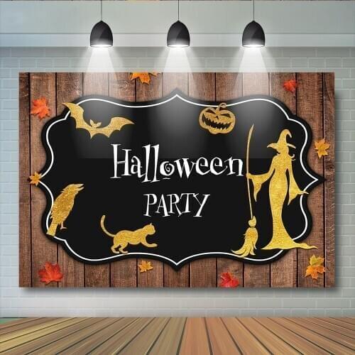 Halloween Party Backdrops Wooden Floor Maple Leaf Animal Pumpkin Witch Backdrop Dessert Table Background for Photo Studio