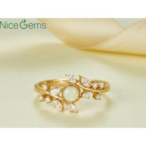 NiceGems 14K Yellow Gold Vintage Natural Opal Engagement Ring Moissanite Cluster ring unique leaf wedding Bridal Promise Ring
