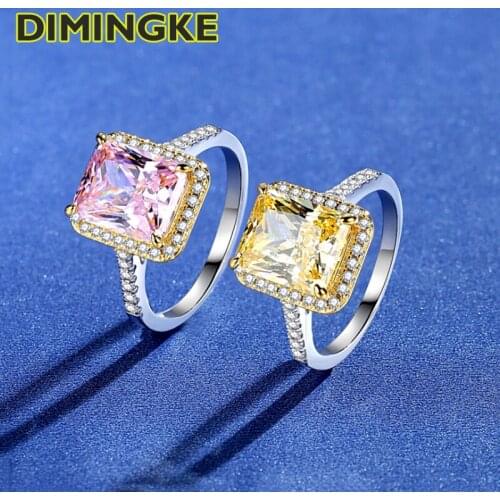 DIMINGKE Super Flash Rectangle Yellow Pink High Carbon Diamond Ring Wedding Engagement Party Jewelry Gift S925 Sterling Silver