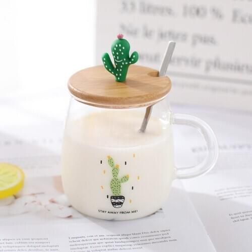 400ML Creative Cactus Mug Breakfast Milk Mug Glass Coffee Mug Student Couple Gift Home Milk Tea Cup Handle Cover Spoon