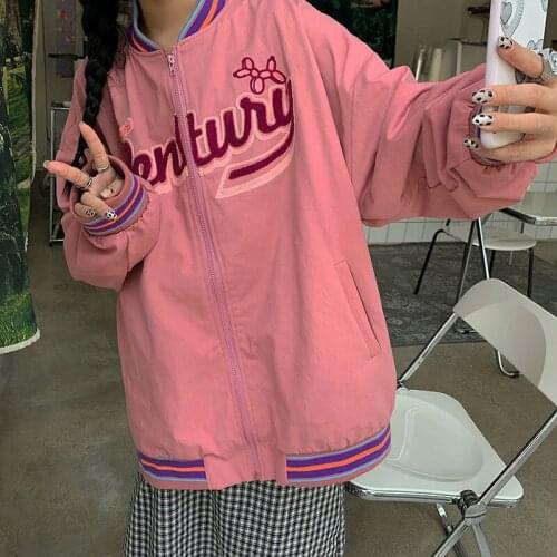 Bomber Jacket Women Baseball Uniform Loose Korean Ins Fashion PINK Autumn Thin Coat Harajuku Streetwear Vintage Clothing