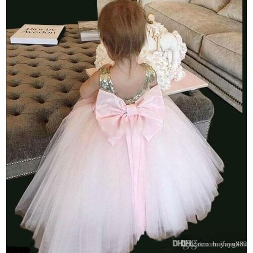 Cute Pink Flower Girl Dresses for Wedding with Gold Sequins Tulle Ball Gown Kids First Communion Dress Cheap Pageant Dresses
