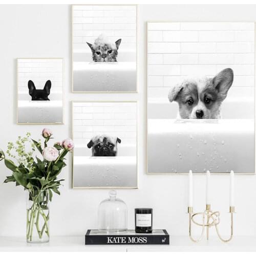 Cute Pet In Tub Poster Black White Minimalist Dog Art Print Nordic Cat Canvas Painting Modern Wall Picture Bathroom Home Decor