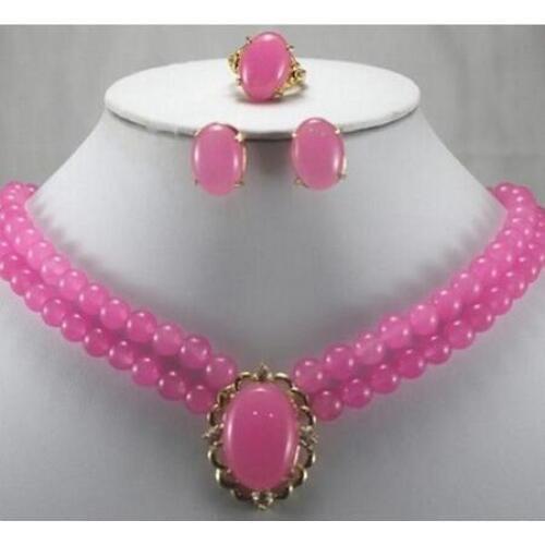 Fashion jewelry Charming Luxurious 8MM Pink Jades Ring Stud Earrings Necklace Pendant Jewelry Set