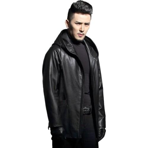 Mens Genuine Cow Leather Jackets Spring Auutmn Hooded Windbreakers Plus Size 6XL Casacas Para Hombre F1726 MF127