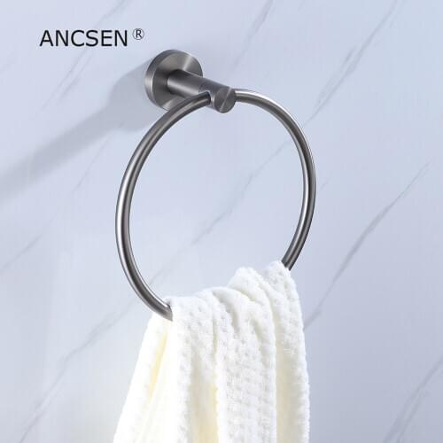 Stainless Steel Wall-Mounted Round Towel Rings Towel Hanger Rack Simple Towel Holder Rings Gun-Grey Bathroom Hardware Accessory
