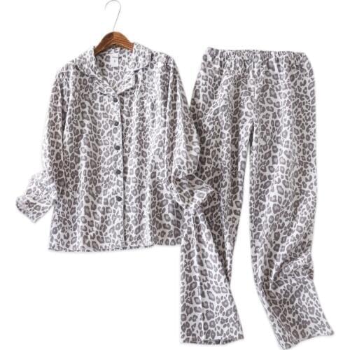 Vintage Leopard pajamas sets women 100% brushed cotton winter sleepwear women fashion flannelette pyjamas for women