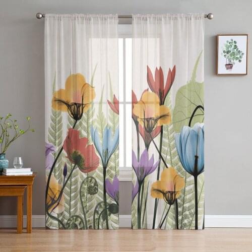 Flowers Bright Colors Hand Painted Sheer Curtains for Living Room Modern Voile Curtain Bedroom Tulle Curtains Window Drapes