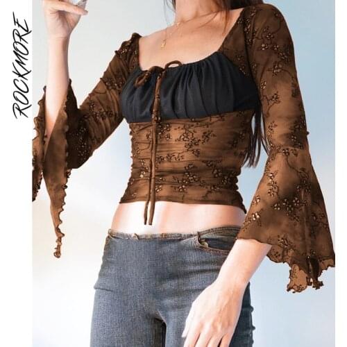 Rockmore Aesthetic Flare Sleeve Crop Top Women Vintage Print T Shirt Autumn 90s Retro Mesh Patchwork Tee Fairy Grunge Clothes