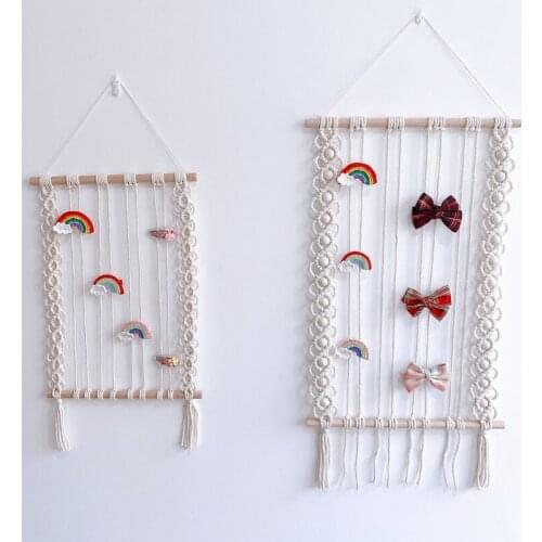 Nordic Boho Macrame Hair Bow Clips Holder Woven Tassel Hairpins Headband Organizer Wood Stick Wall Hanging Display Rack