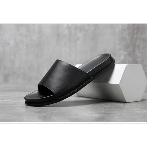 Summer Men Genuine Leather Simple Fashion Outdoor Soft Leather Non Slip Flat Bottom Soft Leather Slippers Free Shipping