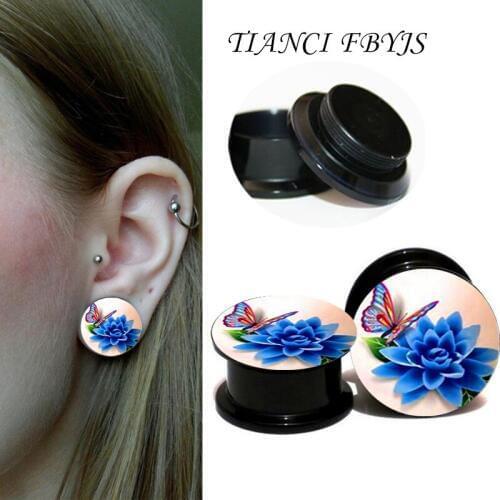 Tianci FBYJS 1 pair Butterfly Flower gauges black acrylic screw flesh tunnel ear plug ear expander body jewelry Piercing Plug
