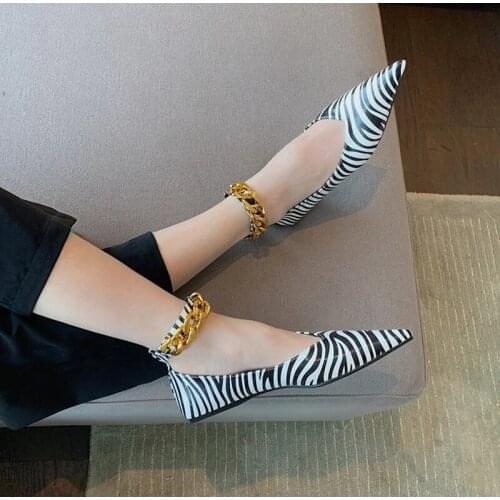 Womens Metal Buckle Strap Flat Ladies Shallow Pointed Toe Loafers Female Zebra Pattern Shoes Womens Comfortable Footwear