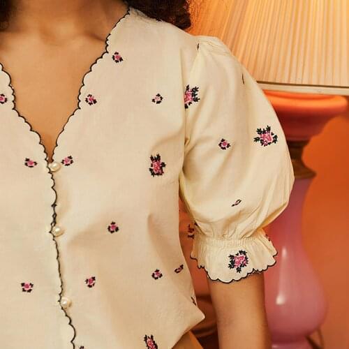 Ruelen Elegant Floral Embroidery Women Blouse 2021 Autumn Ruffle Collar Half Pull Sleeve Button Tops Shirt Female