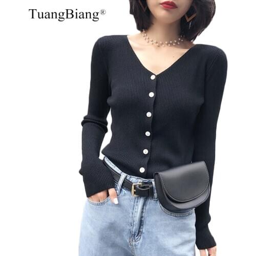 2020 Single Breasted V-neck Autumn Sweater Cardigan Women knit Long Sleeve Winter Sweater Casual Solid color Ladies Black Jumper