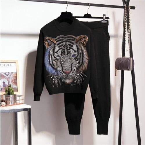 Autumn 2021 Women Casual Knit Tracksuit Set Manual Beaded Tiger Print Pullover Sweater Pencil Pants Outfits Female Knitwear Suit