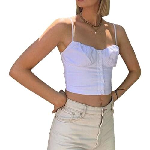 Womens Crop Cami Tops, Sexy Sleeveless Spaghetti Strap Solid Color Button Down Camisole