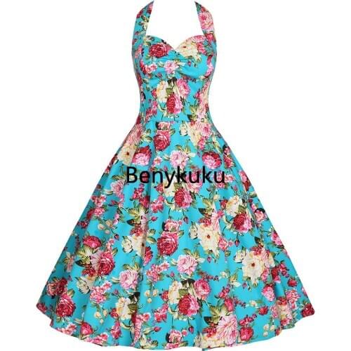 Sexy Halter Party Dress Retro Floral Print Hepburn Vintage 50s 60s Pin Up Rockabilly Dress Robe Cotton Plus Size Women Clothing