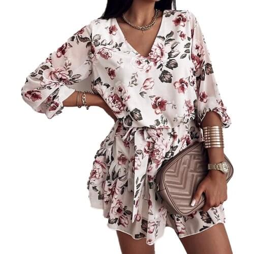 Summer Dress Women Robe Femme Flower Print A-Line Dresses Patchwork V-Neck Y2K Dress For Womens Clothing 2021 Vestido De Mujer